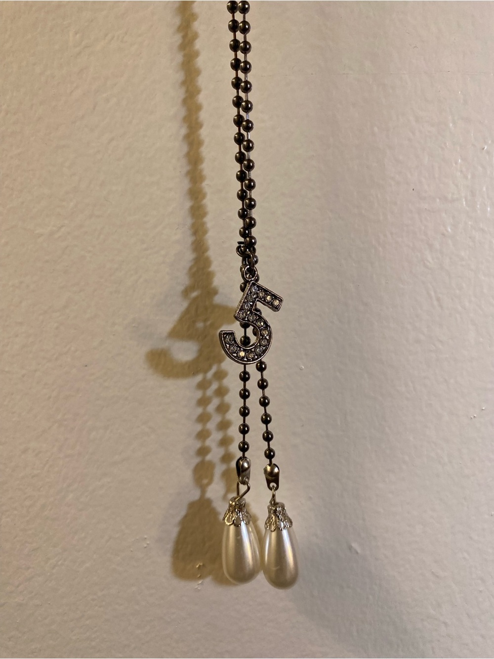 Rhinestone Number 5 Necklace with Pearl Drops - Silver Tone